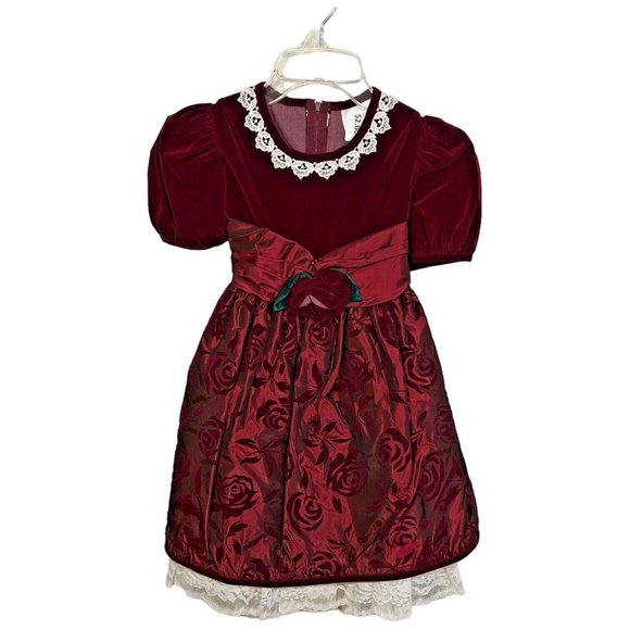 New Bonnie Jean Girls Velvet Dress Burgundy Taffeta Size 5 Lace Bow Holiday VTG - Picture 2 of 10